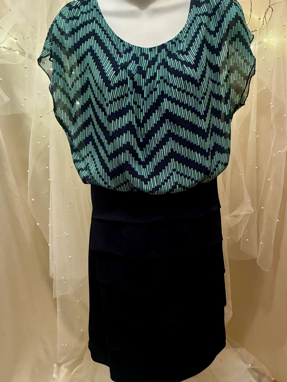 Enfocus Studio Teal Chevron Blouson Mini Dress with Black Skirt